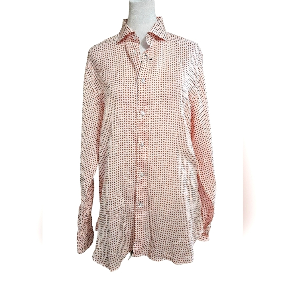 CAMICISSIMA 100% Linen Comfort Fit Long Sleeve Shirt Printed White/red. MED NWOT